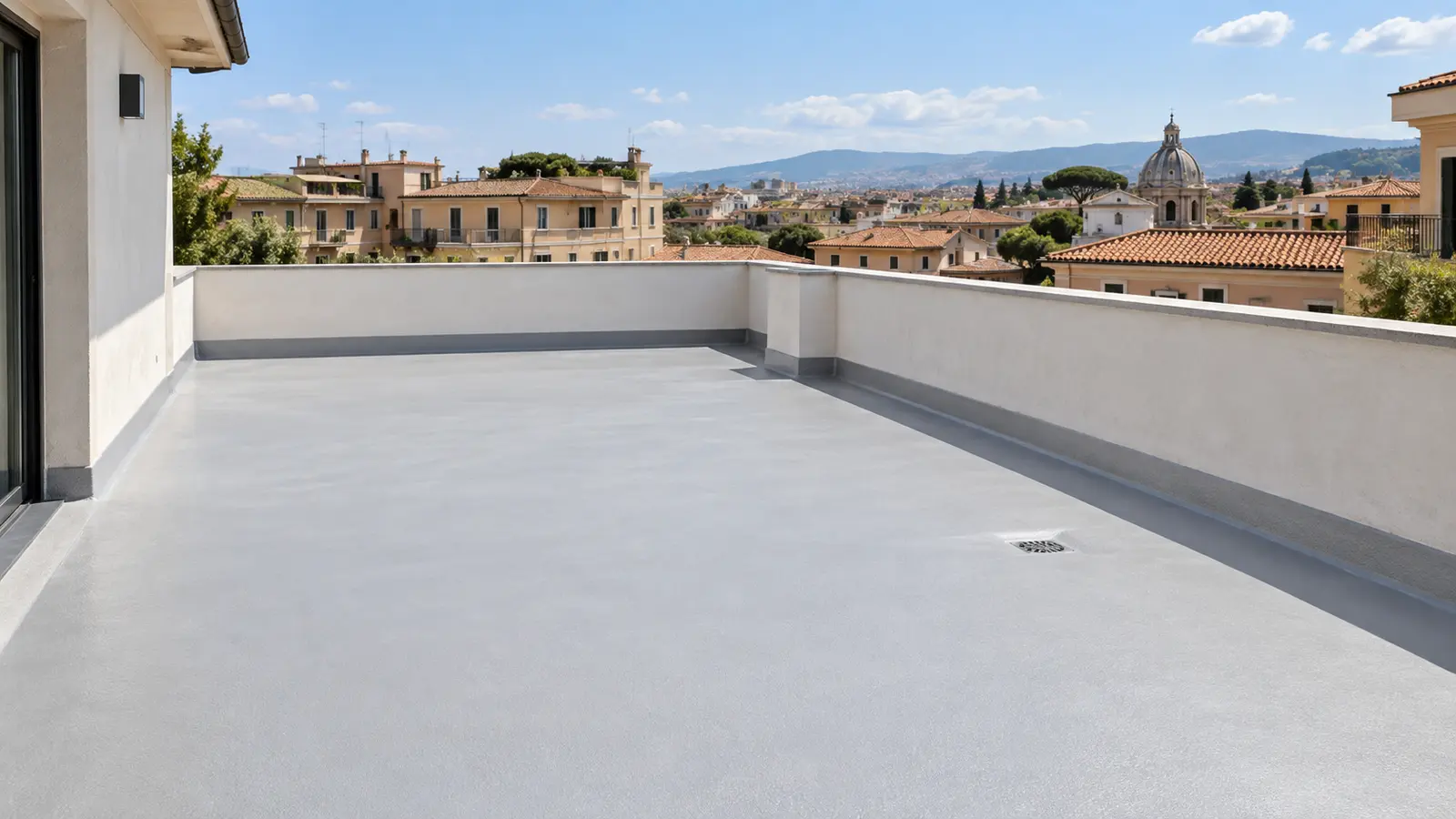Terrazzo con superficie continua impermeabilizzata e scarico visibile